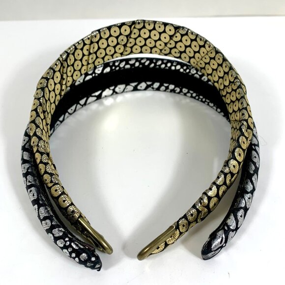 TWO Abstract Patterned Puffy Headband Metallic Gold/Black & Silver/Black - Picture 3 of 3
